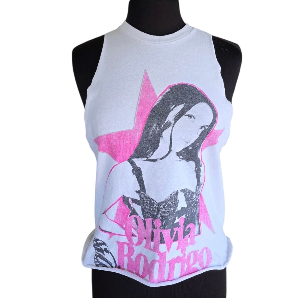 Olivia Rodrigo Graphic Tank Top Custom Cut White and Pink Small Feminine Cropped